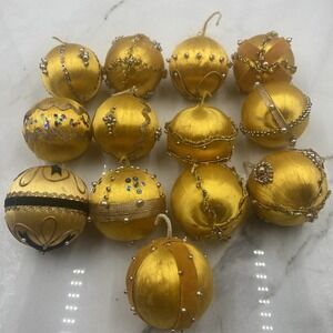 Vtg Handmade Pushpin Ornaments Gold Faux Pearls Filigree Christmas Satin Ball